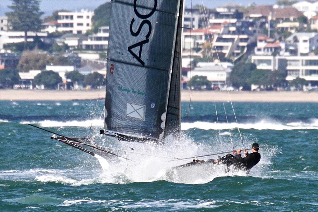 ASC (NZL) hits a launch wake - Day 4 - ANZAC 18fters - April 2016 © Richard Gladwell www.photosport.co.nz